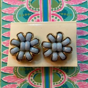 Vintage NWT Blue Beaded and Gold Flower Clip Earrings